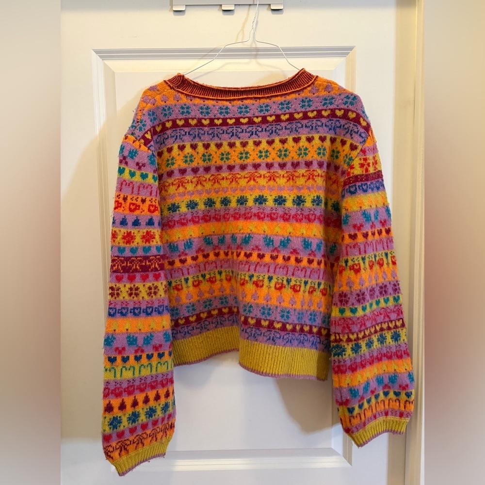 Free People Favorite Things Wool Sweater Bright Confetti Jacquard Knit Size L - Picture 16 of 16